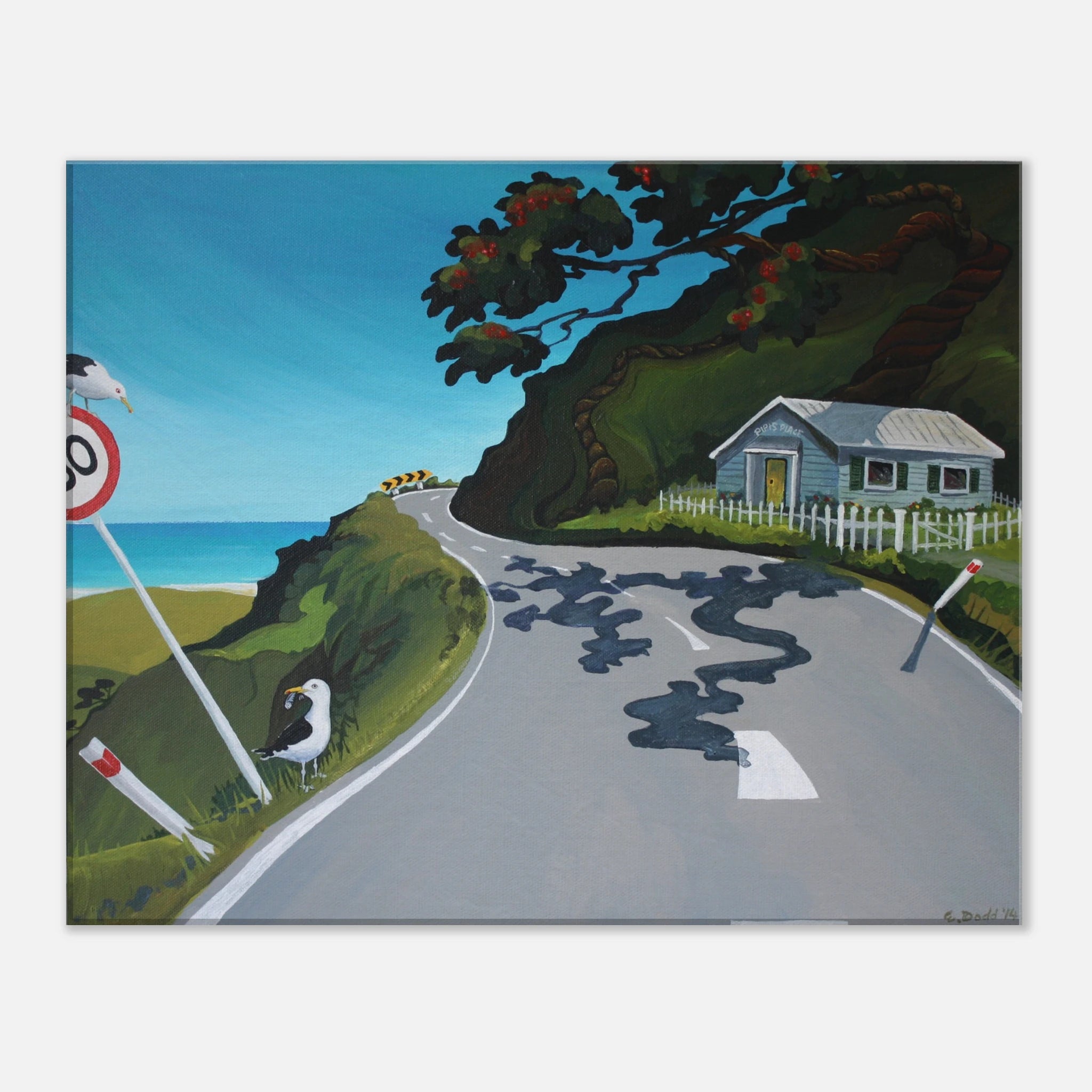 Canvas print showing a winding coastal road, blue sea, cottage, tree, road sign, and two birds.