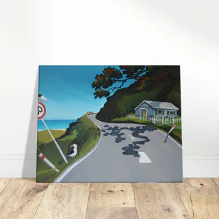 Canvas print leaning against a wall on a wooden floor.