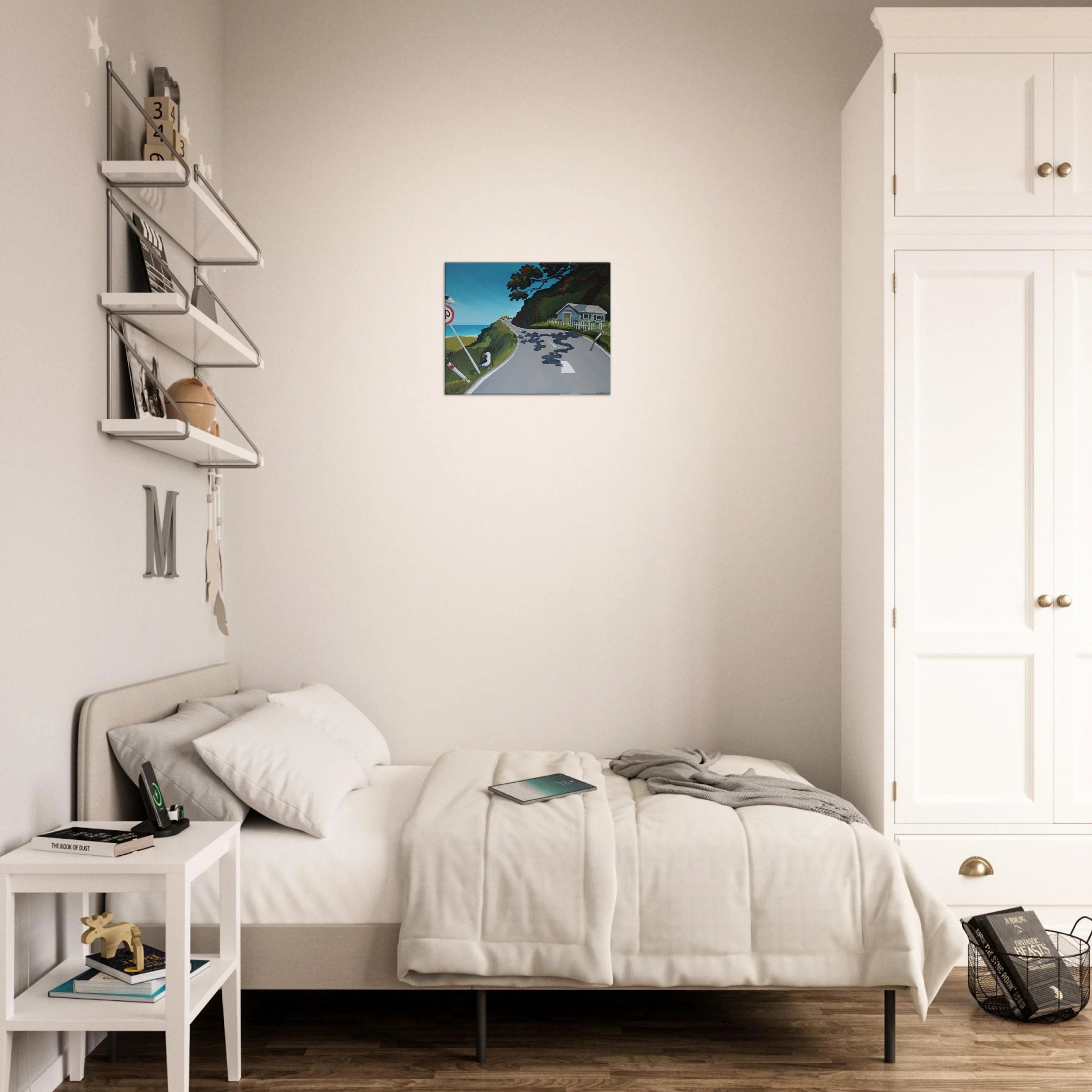 Small canvas print displayed above a bed in a light room.