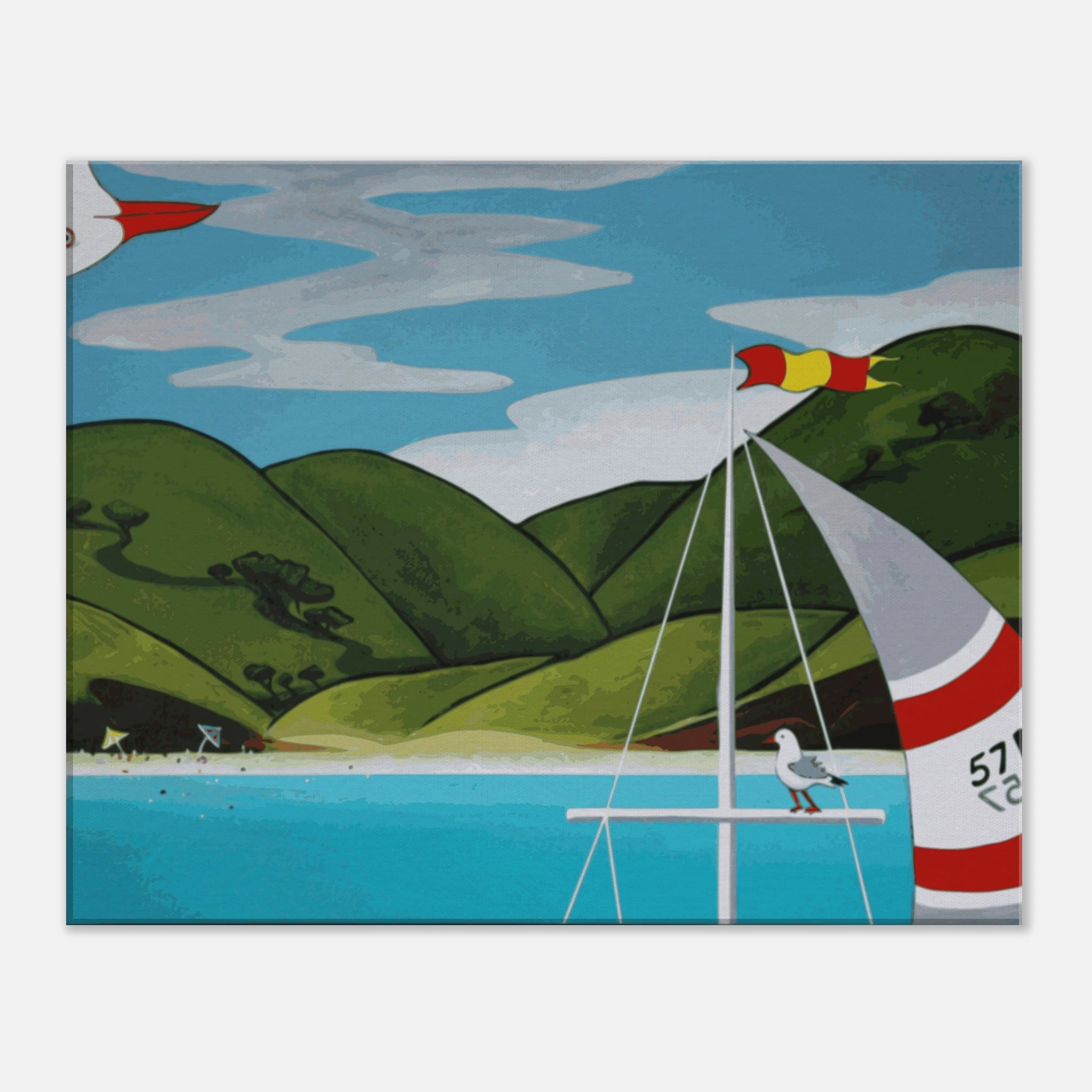 Front view of a square canvas print showing blue water, green hills, a cropped sailboat, and a seagull.