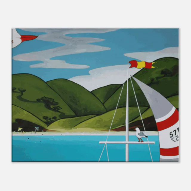 Front view of a square canvas print showing blue water, green hills, a cropped sailboat, and a seagull.