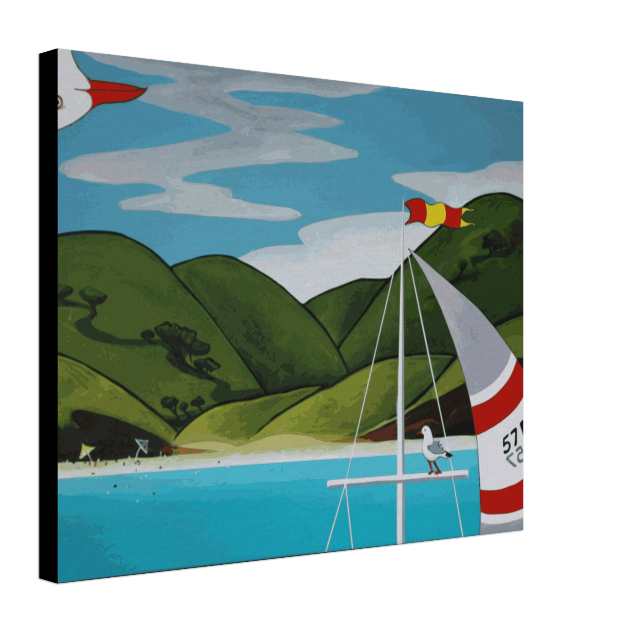 Angled view of a square canvas print showing blue water, green hills, a cropped sailboat, and a seagull.