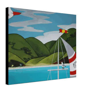 Angled view of a square canvas print showing blue water, green hills, a cropped sailboat, and a seagull.