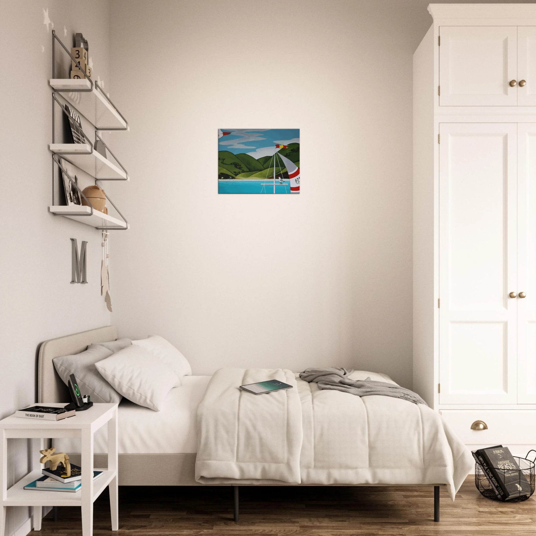 Square canvas print leaning against a white wall on a wooden floor.