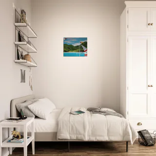 Square canvas print leaning against a white wall on a wooden floor.