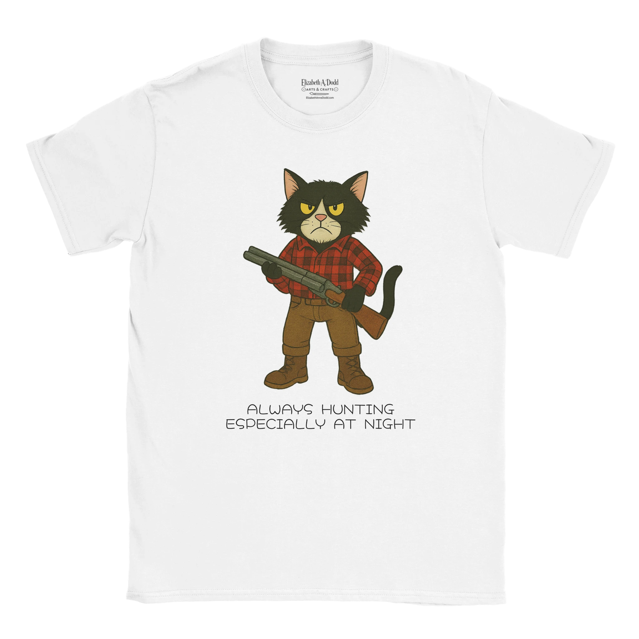 White T-shirt with cat illustration holding a shotgun and text below