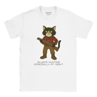 White T-shirt with cat illustration holding a shotgun and text below