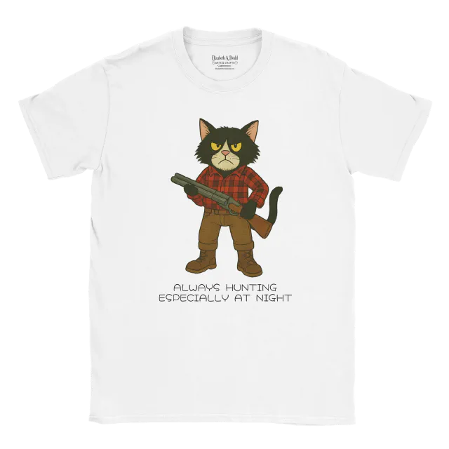 White T-shirt with cat illustration holding a shotgun and text below
