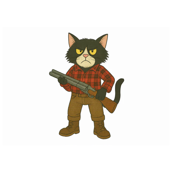 Cat illustration in red plaid shirt holding a shotgun on a white background