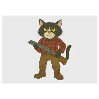 Cat illustration in red plaid shirt holding a shotgun on a white background