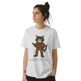 Model wearing a white T-shirt with cat illustration