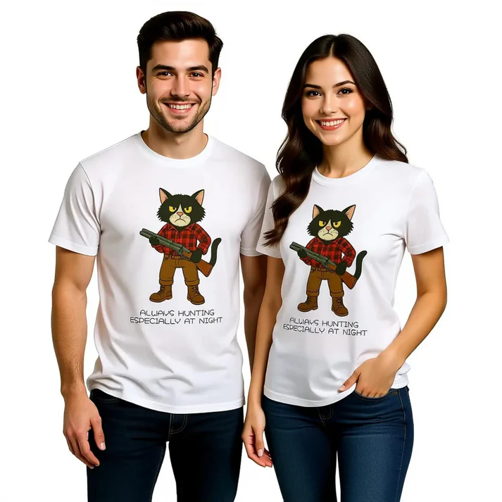 Two models wearing white T-shirts with cat illustration