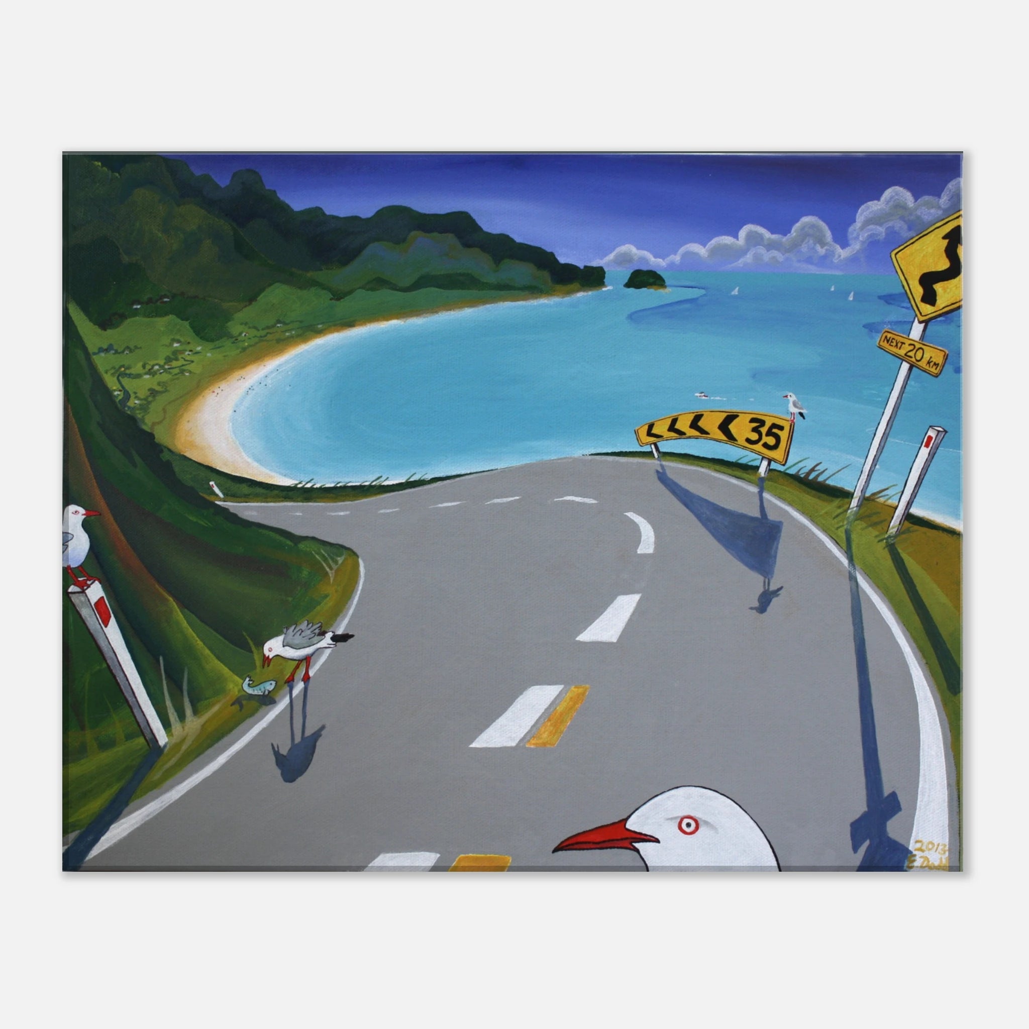 Canvas print featuring a coastal road, turquoise bay, green hills, sandy beach, road signs, and seagulls.