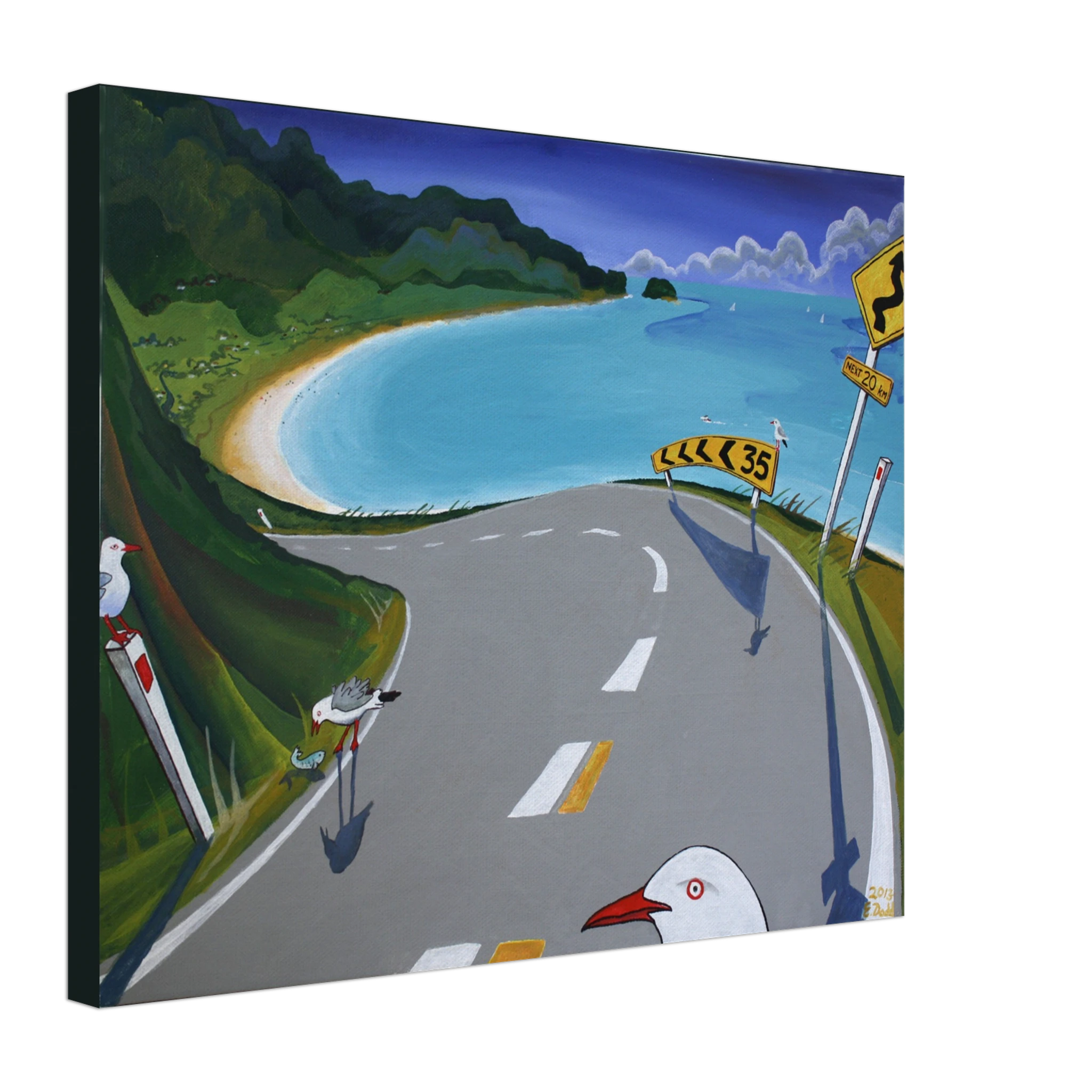Canvas print featuring a coastal road, turquoise bay, green hills, sandy beach, road signs, and seagulls.