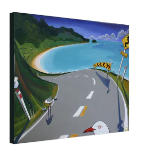 Canvas print featuring a coastal road, turquoise bay, green hills, sandy beach, road signs, and seagulls.