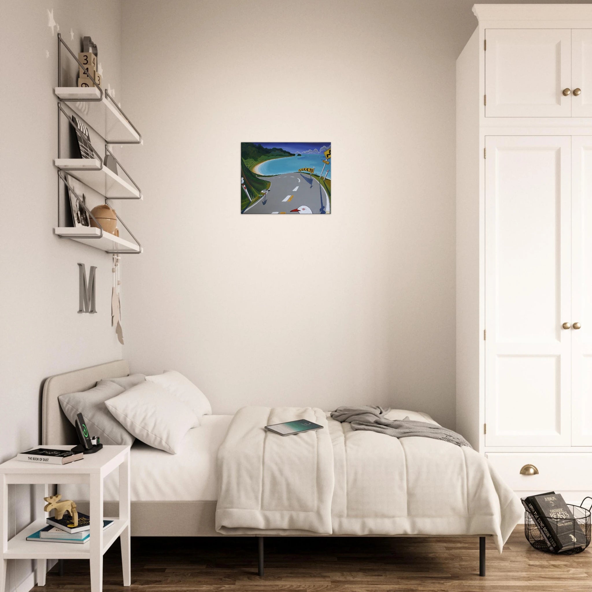 Canvas print featuring a coastal road, turquoise bay, green hills, sandy beach, road signs, and seagulls.