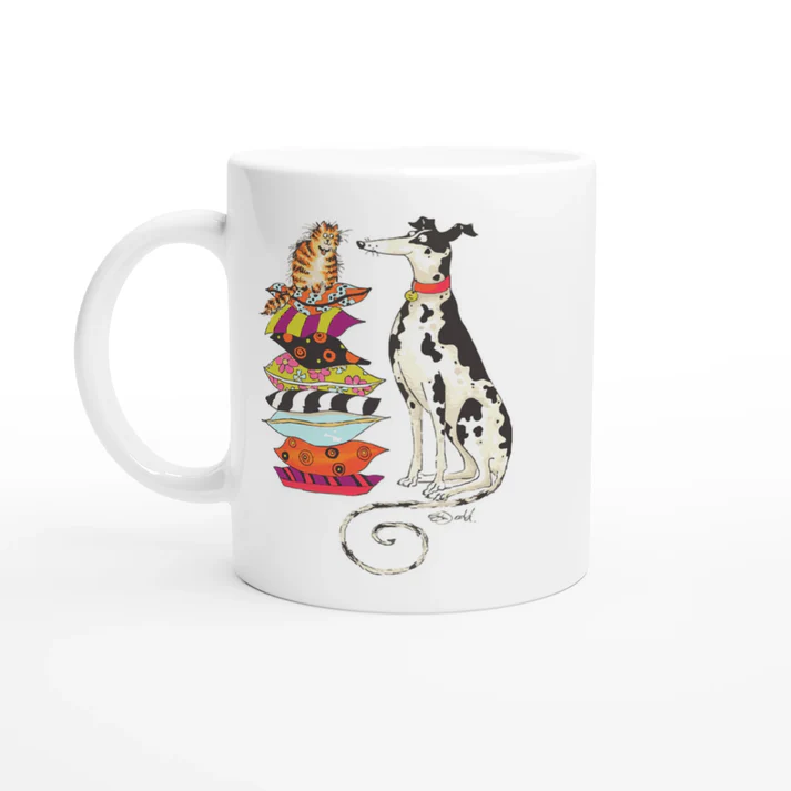 White mug with cat and spotted dog illustration