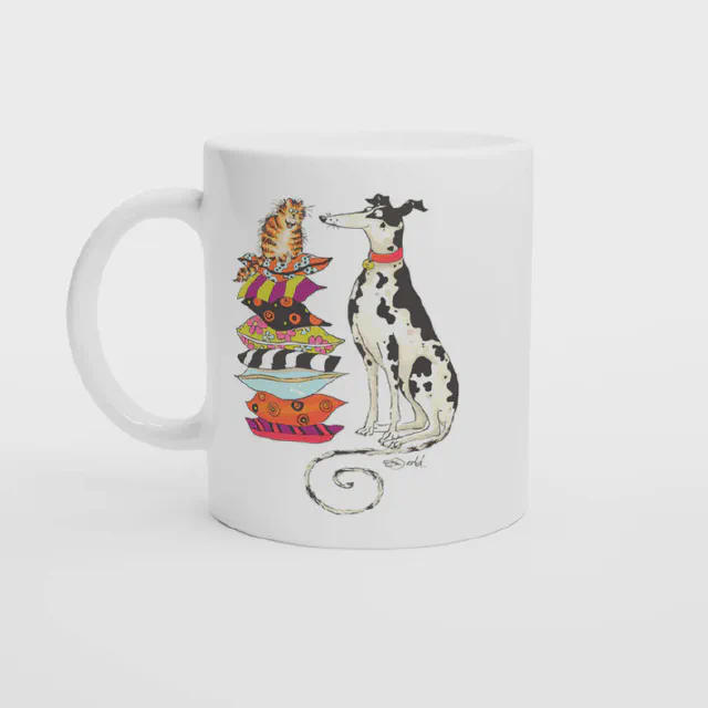 White mug with cat and spotted dog illustration