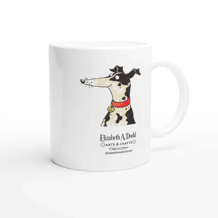 White mug with dog illustration and Elizabeth Anne Dodd logo