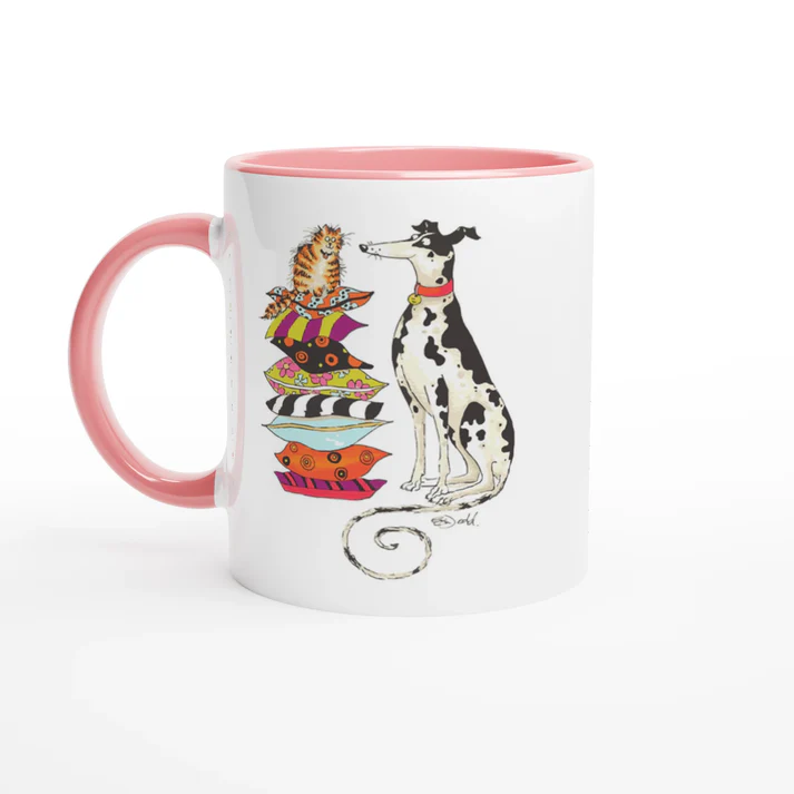 White mug with pink handle and pink interior, featuring cat and spotted dog illustration