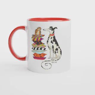 White mug with red handle and red interior, featuring cat and spotted dog illustration