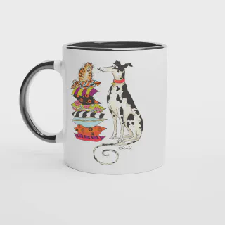 White mug with black handle and black interior, featuring cat and spotted dog illustration