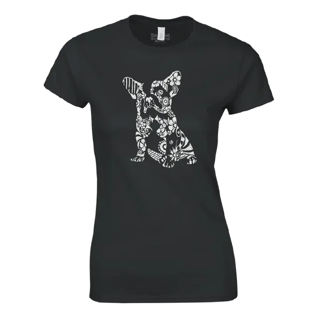 Black womens crewneck t-shirt with white French bulldog illustration on the front