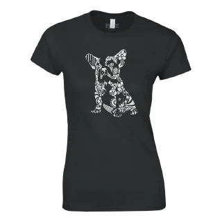 Black womens crewneck t-shirt with white French bulldog illustration on the front