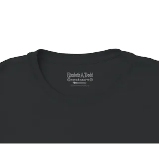 Close-up of black t-shirt collar with printed label