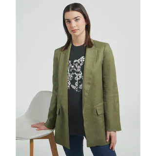 Woman wearing a jacket and a black t-shirt with white French bulldog illustration