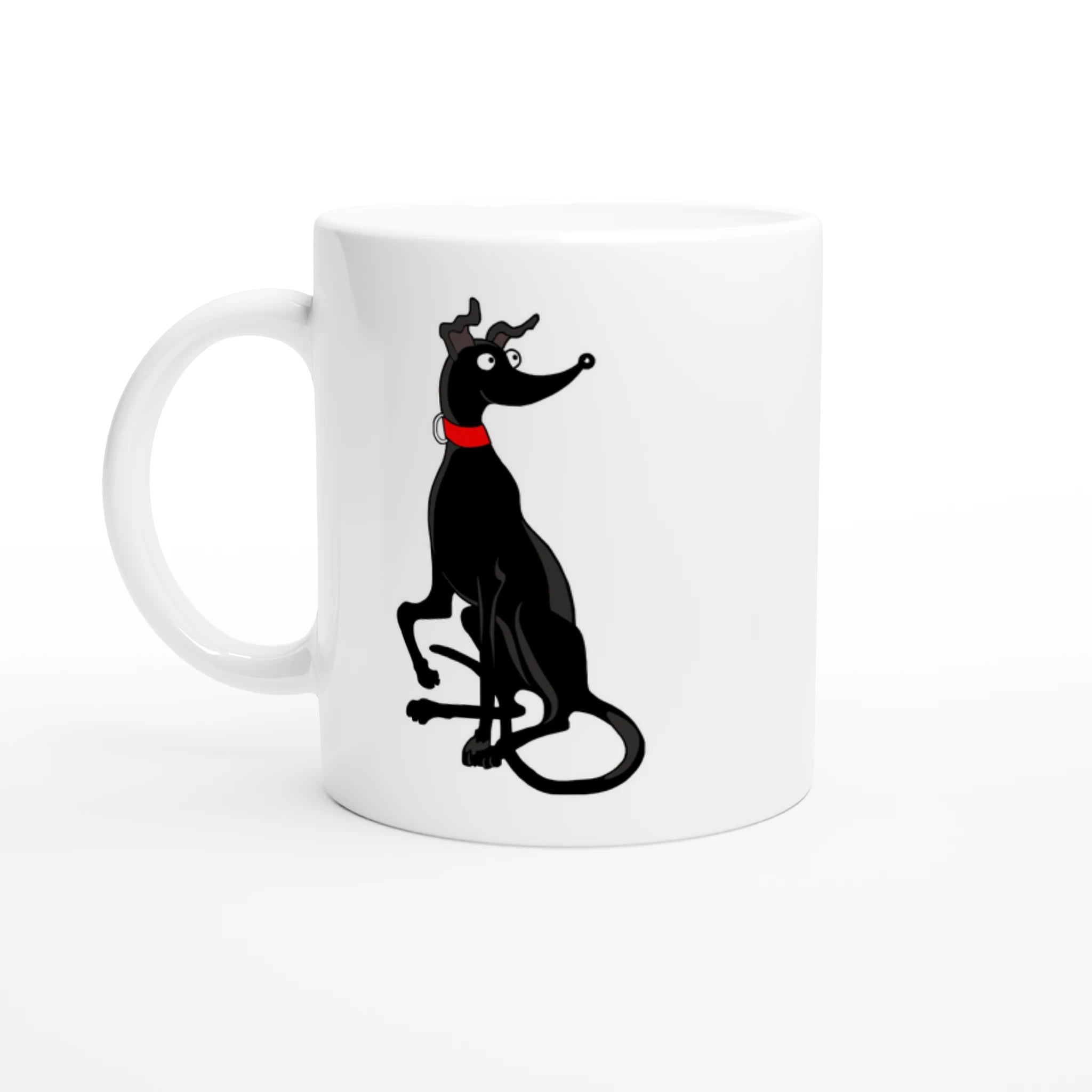Black greyhound cartoon mug, front view on white ceramic mug