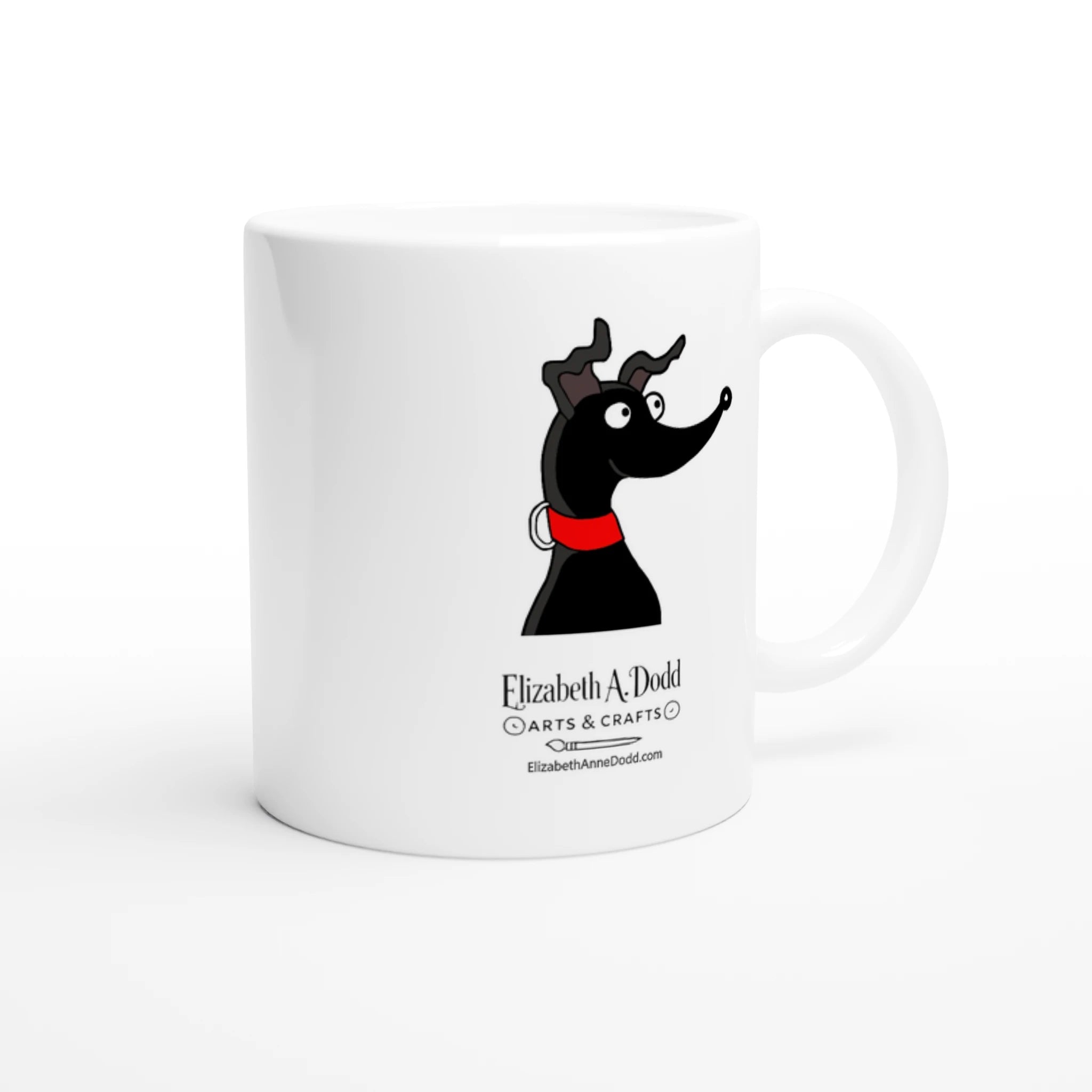 Black greyhound cartoon mug with Elizabeth A. Dodd branding, back view
