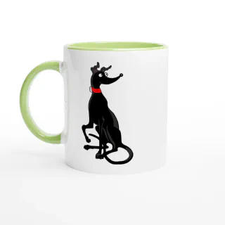 White mug with a black greyhound cartoon and green handle and interior
