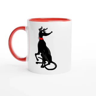 White mug with a black greyhound cartoon and red handle and interior
