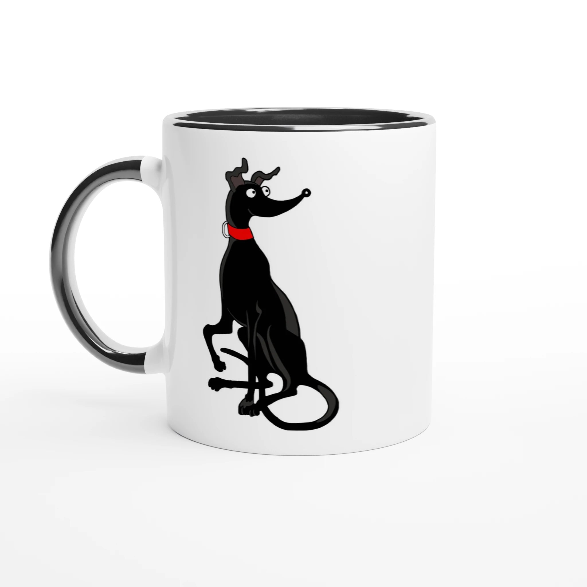 White mug with a black greyhound cartoon and black handle and interior