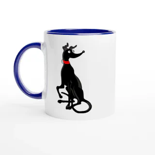 White mug with a black greyhound cartoon and blue handle and interior