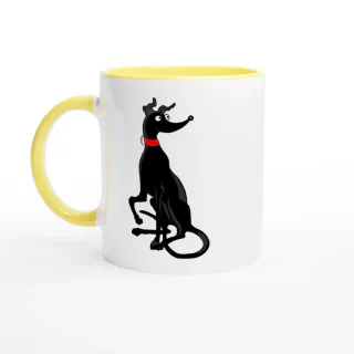 White mug with a black greyhound cartoon and yellow handle and interior