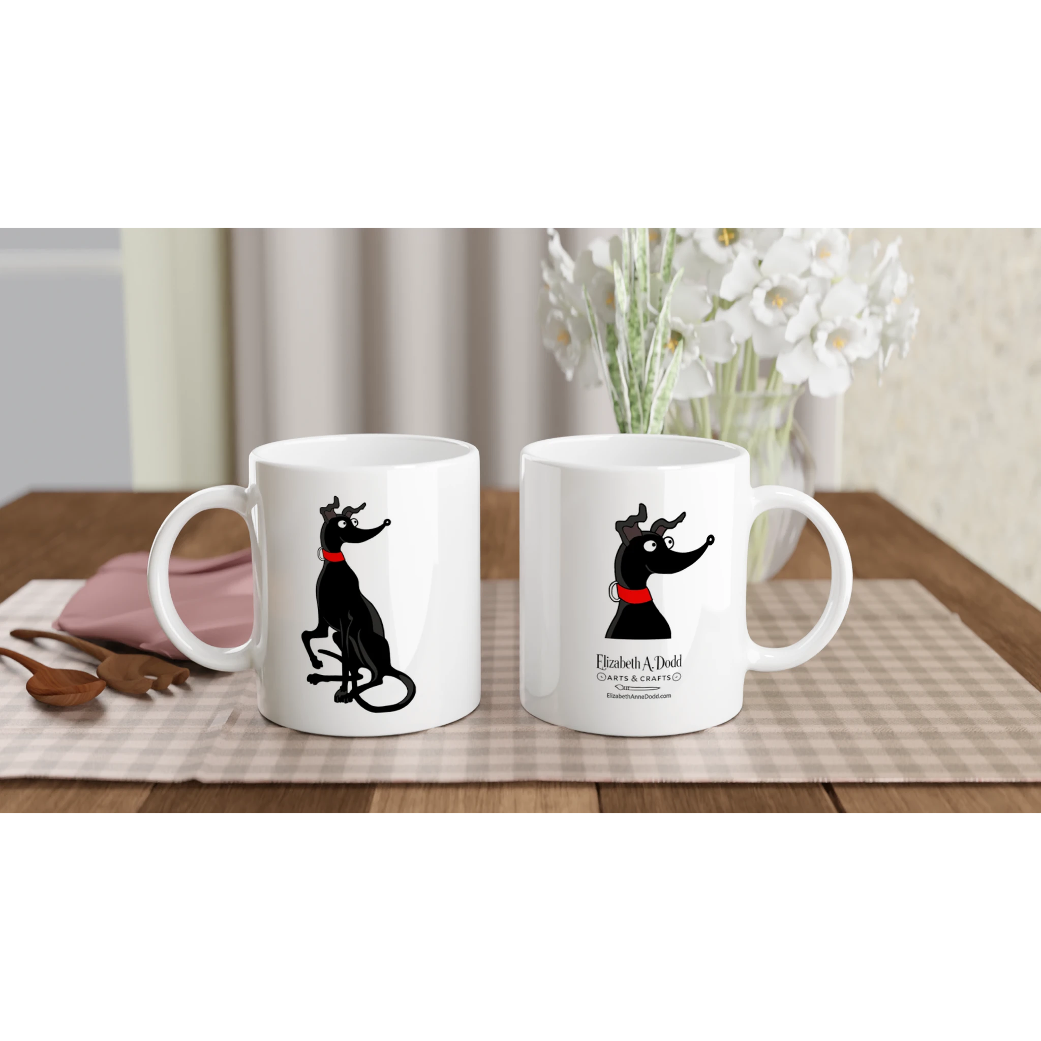 Front and back views of the black greyhound mug displayed on a table setting
