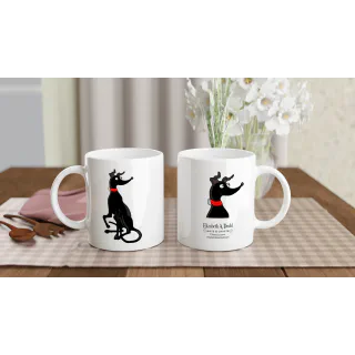 Front and back views of the black greyhound mug displayed on a table setting