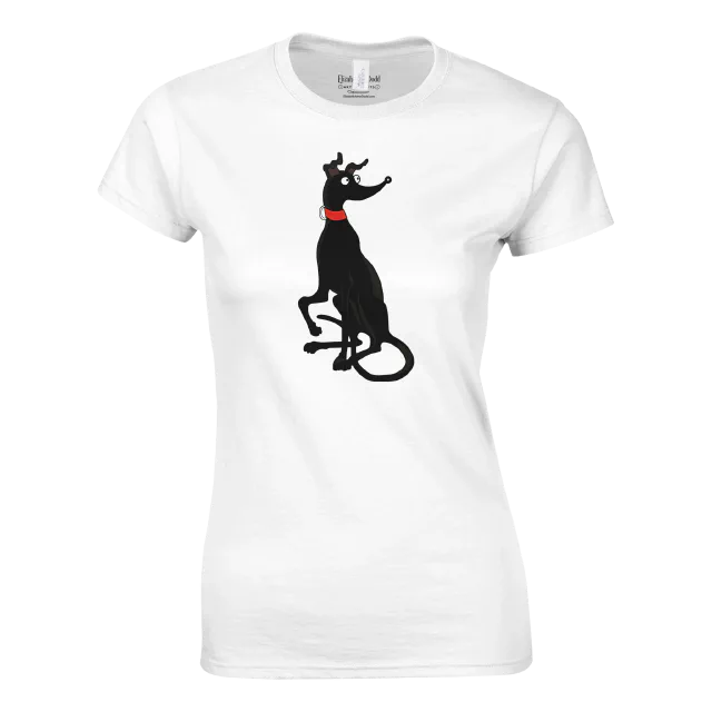 White womens crewneck t-shirt with black greyhound illustration on the front
