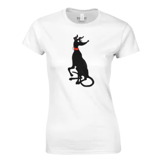White womens crewneck t-shirt with black greyhound illustration on the front