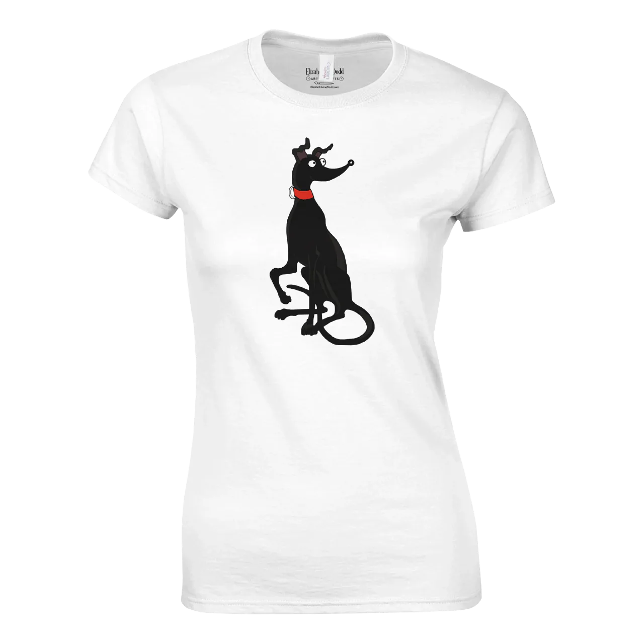 White womens crewneck t-shirt with black greyhound illustration on the front