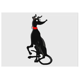 Black greyhound illustration with red collar on a light background