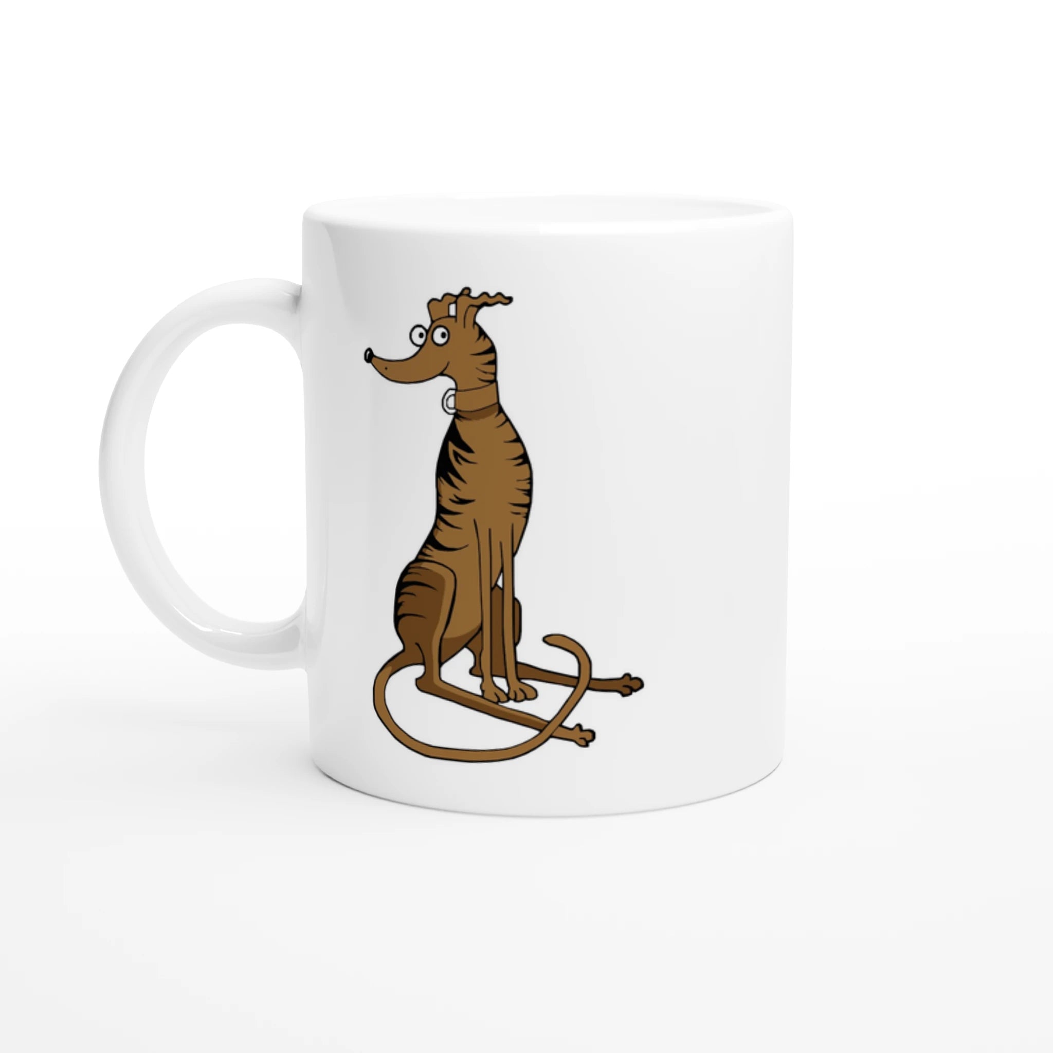White mug with brindle greyhound illustration