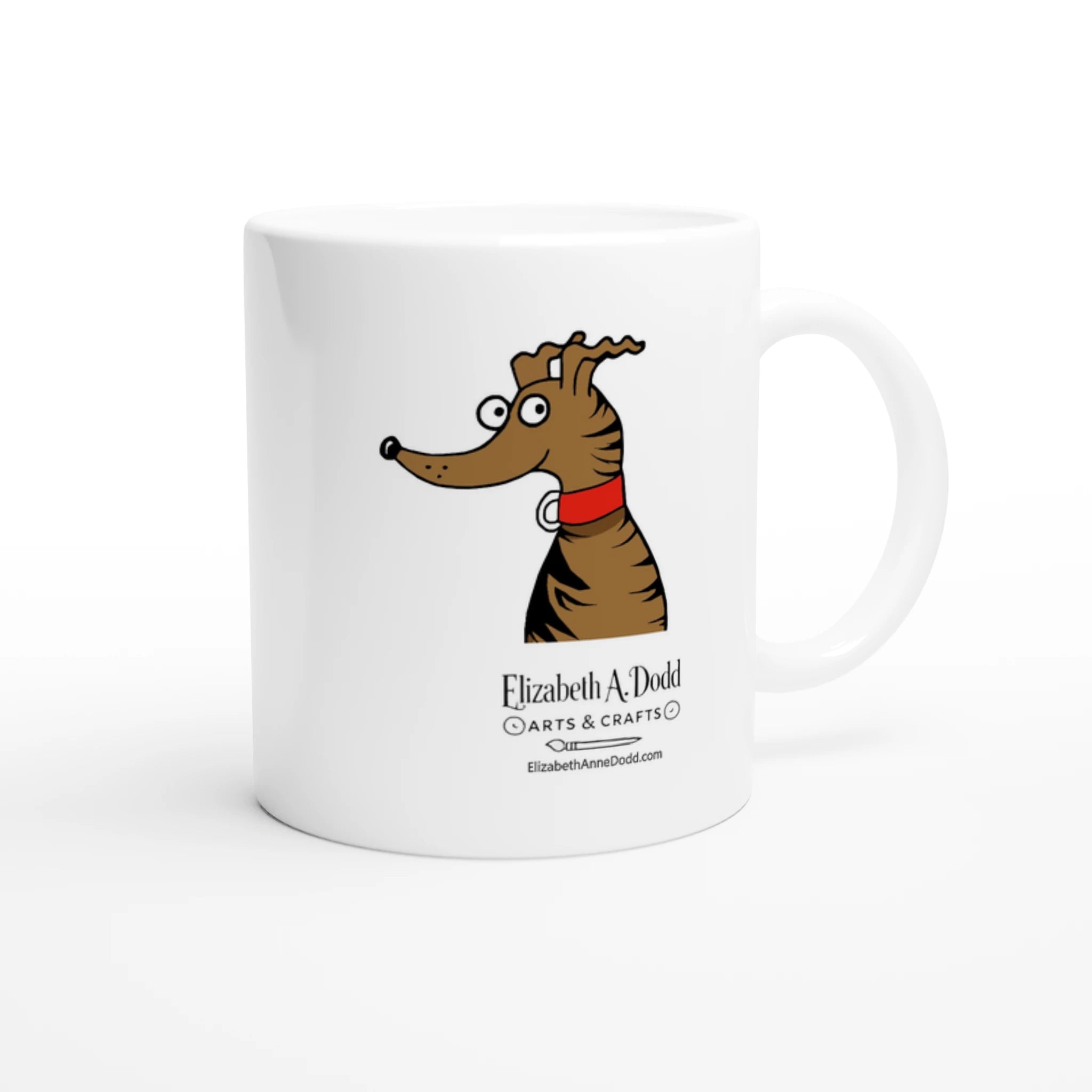 White mug with greyhound illustration and Elizabeth Anne Dodd logo