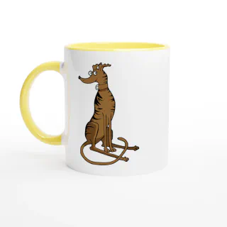 White mug with yellow handle, rim, and interior, with brindle greyhound illustration
