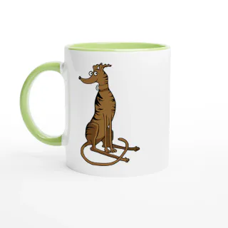 White mug with green handle, rim, and interior, with brindle greyhound illustration