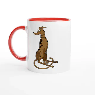 White mug with red handle, rim, and interior, with brindle greyhound illustration