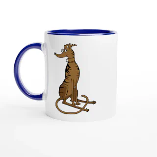White mug with blue handle, rim, and interior, with brindle greyhound illustration