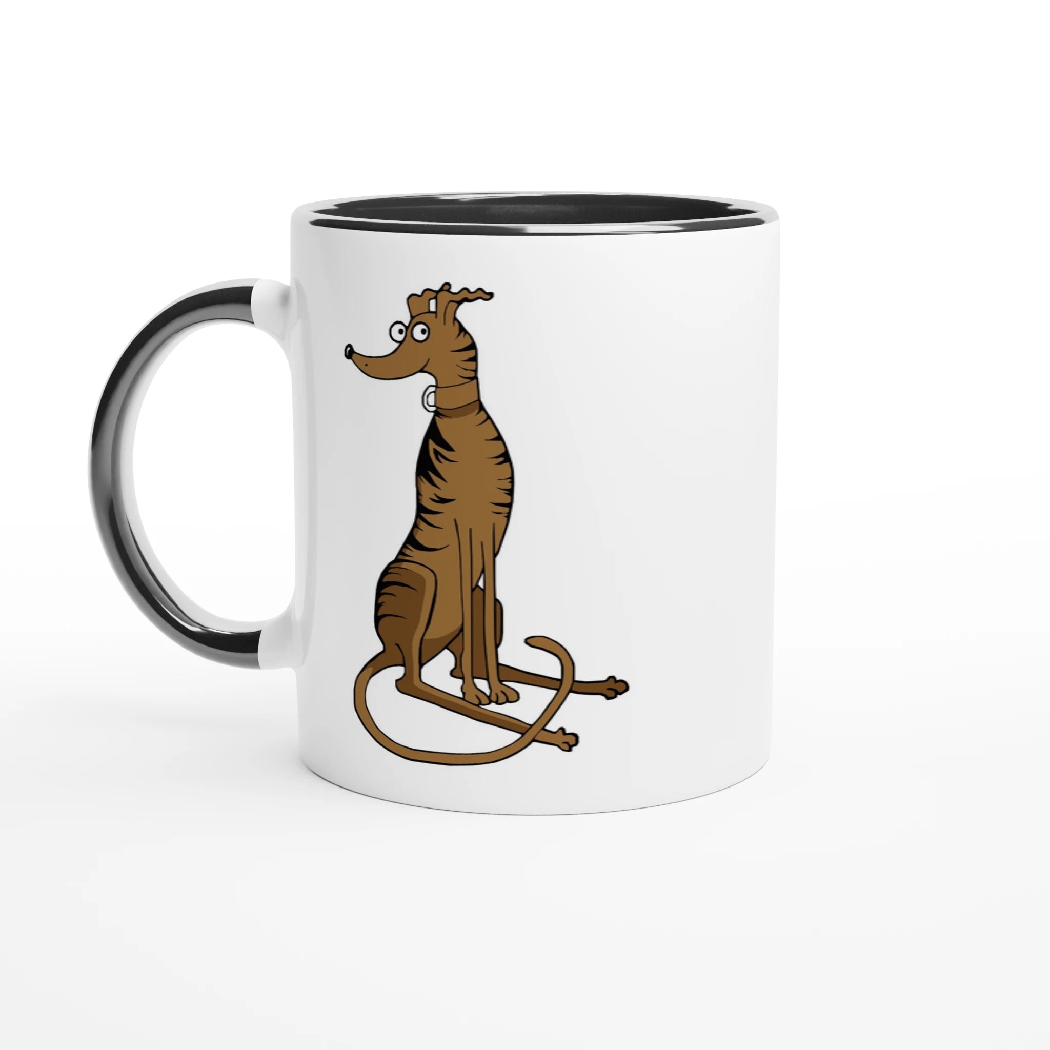 White mug with black handle, rim, and interior, with brindle greyhound illustration